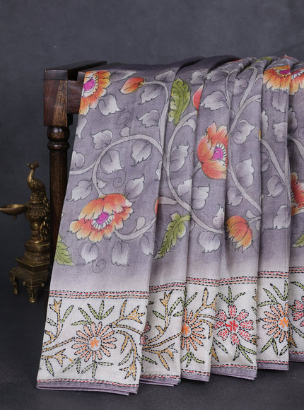 Grey-Off White Tussar Kantha Embroidery Saree