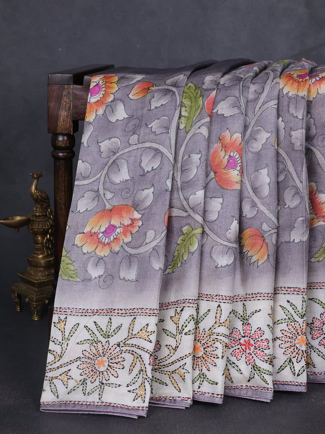 Grey-Off White Tussar Kantha Embroidery Saree