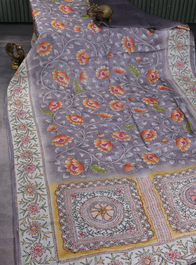 Grey-Off White Tussar Kantha Embroidery Saree