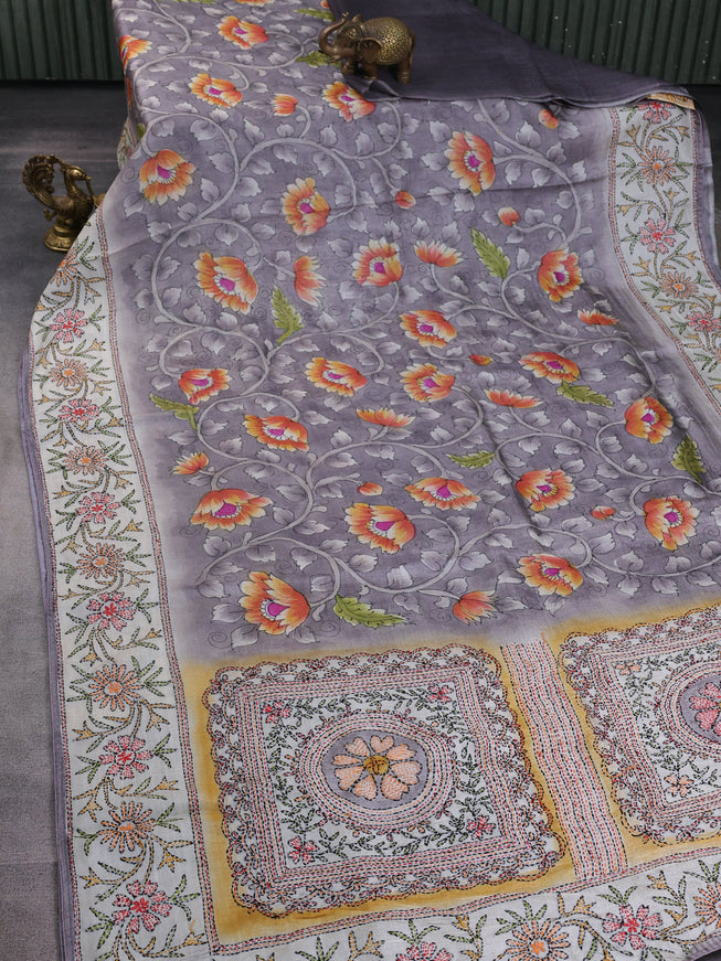 Grey-Off White Tussar Kantha Embroidery Saree
