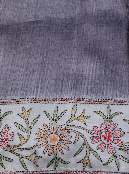 Grey-Off White Tussar Kantha Embroidery Saree