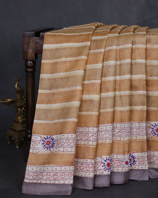 Mustard Yellow-Grey Tussar Kantha Embroidery Saree