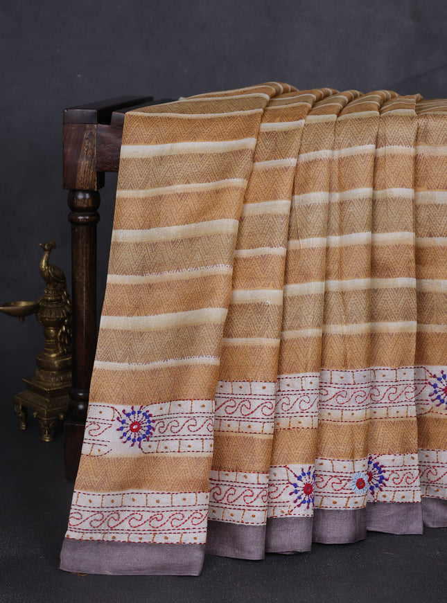 Mustard Yellow-Grey Tussar Kantha Embroidery Saree
