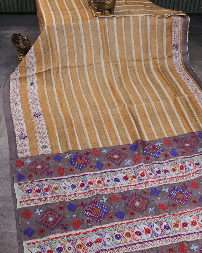 Mustard Yellow-Grey Tussar Kantha Embroidery Saree
