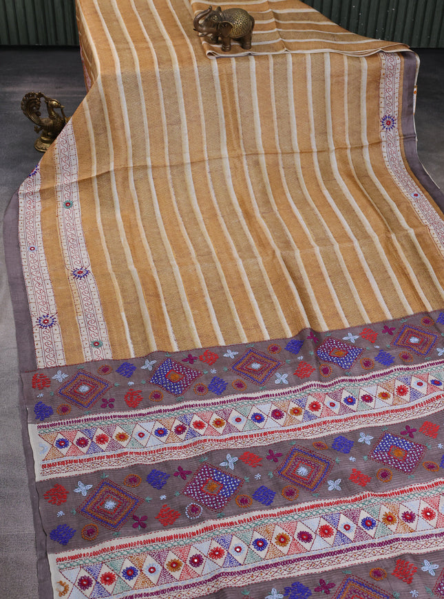 Mustard Yellow-Grey Tussar Kantha Embroidery Saree