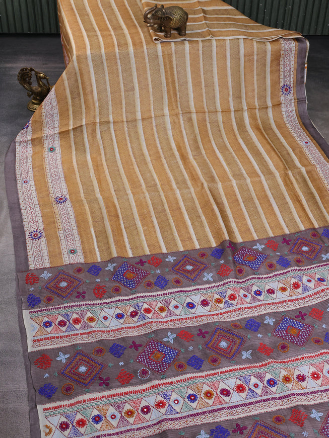 Mustard Yellow-Grey Tussar Kantha Embroidery Saree