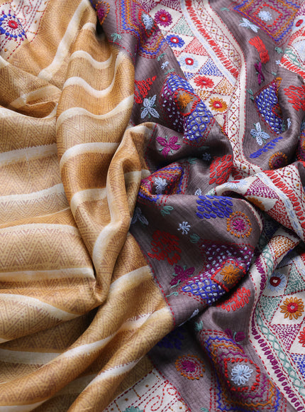 Mustard Yellow-Grey Tussar Kantha Embroidery Saree
