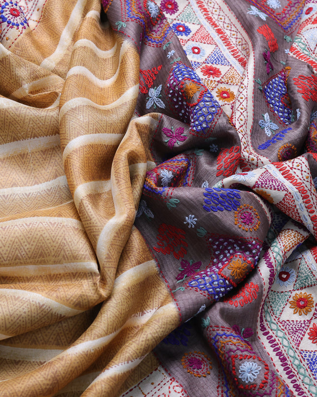 Mustard Yellow-Grey Tussar Kantha Embroidery Saree