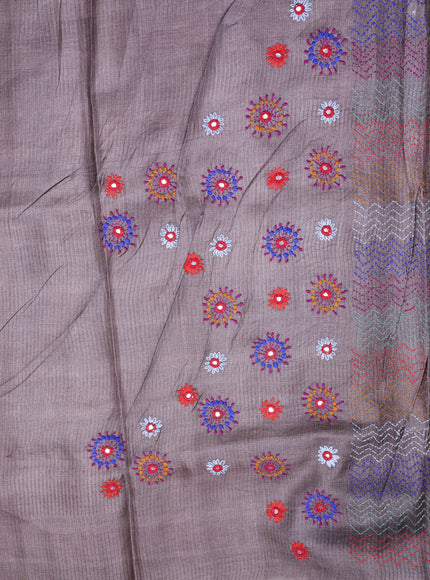 Mustard Yellow-Grey Tussar Kantha Embroidery Saree