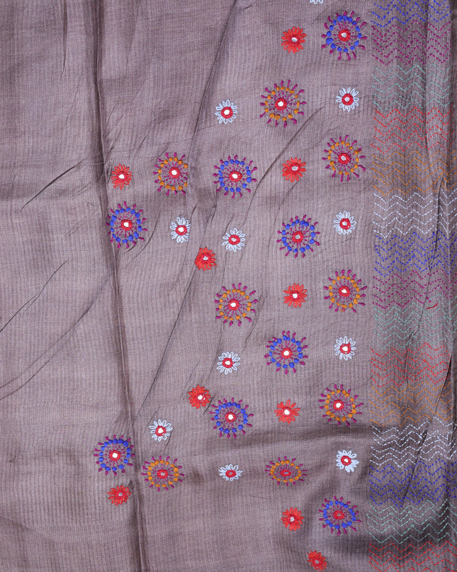 Mustard Yellow-Grey Tussar Kantha Embroidery Saree