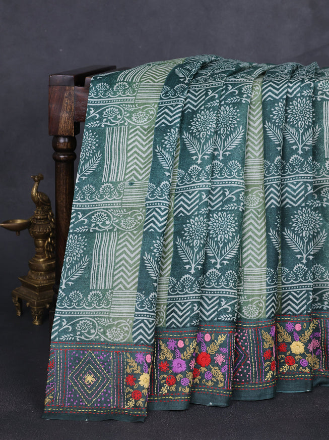 Green Tussar Kantha Embroidery Saree