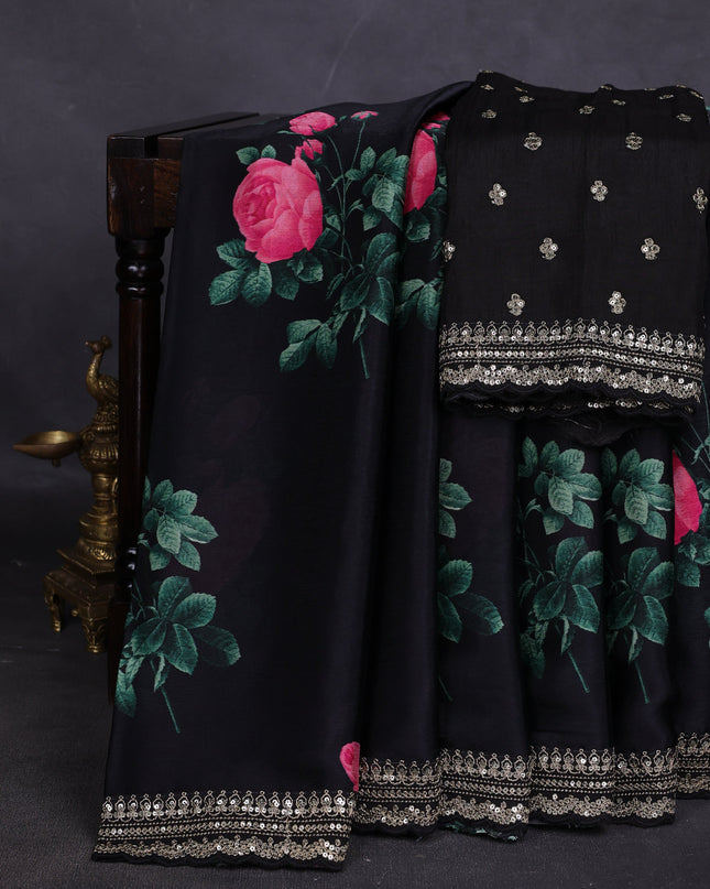 Black Crepe Embroidery Saree