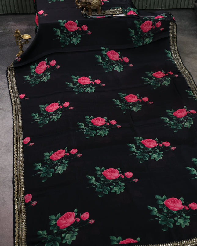 Black Crepe Embroidery Saree