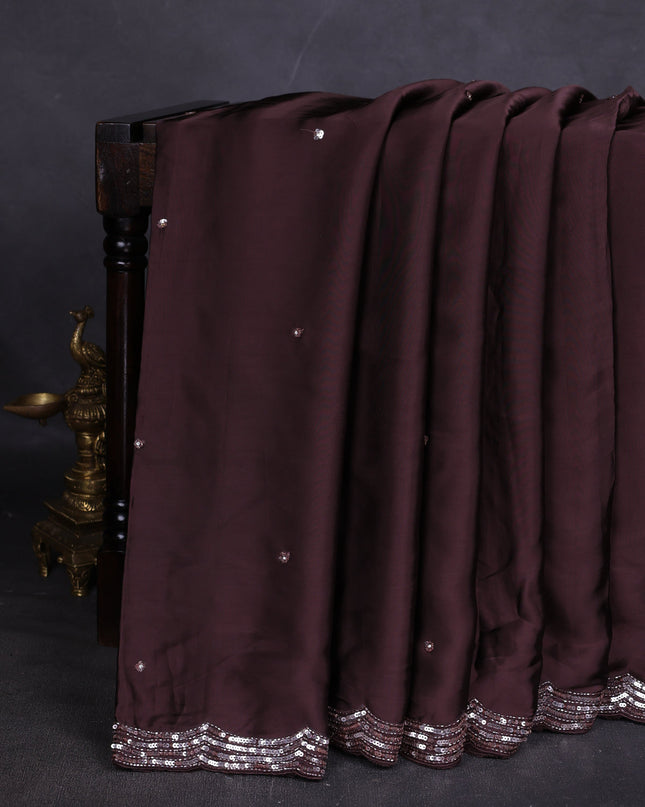 Brown Satin Crepe Designer Saree With Sequins Readymade Blouse