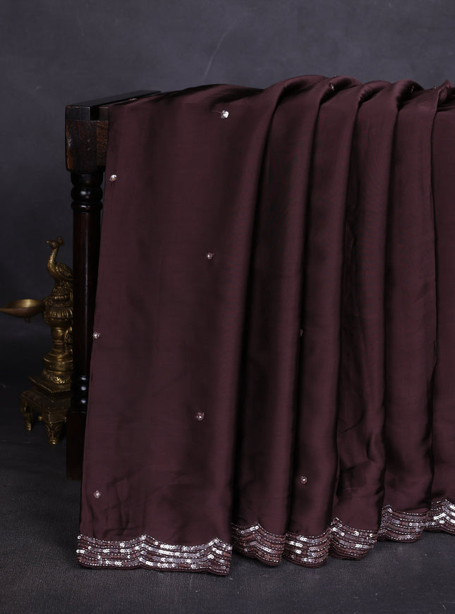 Brown Satin Crepe Designer Saree With Sequins Readymade Blouse