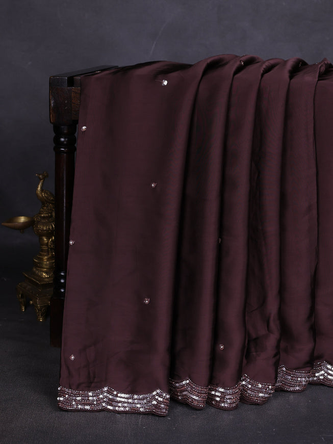 Brown Satin Crepe Designer Saree With Sequins Readymade Blouse