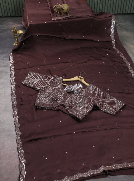 Brown Satin Crepe Designer Saree With Sequins Readymade Blouse