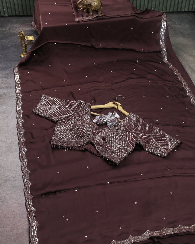 Brown Satin Crepe Designer Saree With Sequins Readymade Blouse