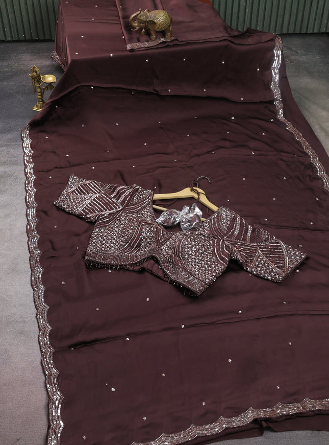 Brown Satin Crepe Designer Saree With Sequins Readymade Blouse