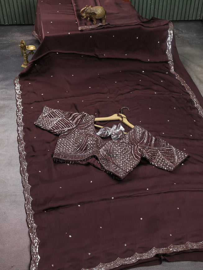 Brown Satin Crepe Designer Saree With Sequins Readymade Blouse