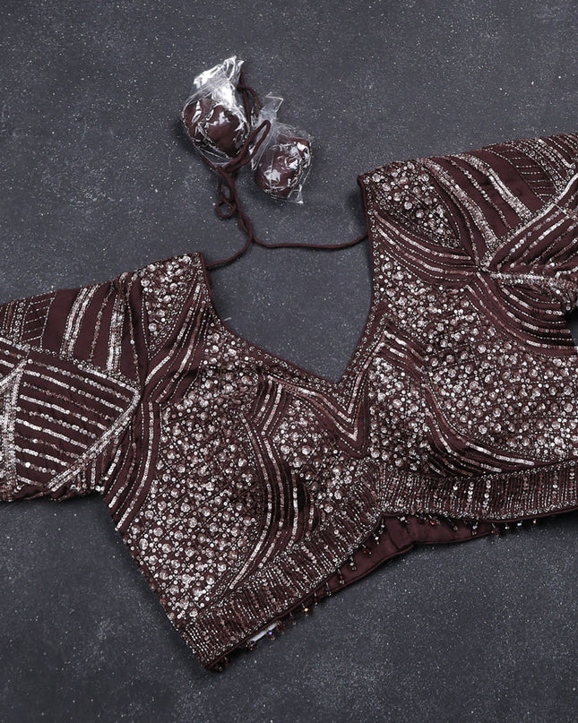 Brown Satin Crepe Designer Saree With Sequins Readymade Blouse