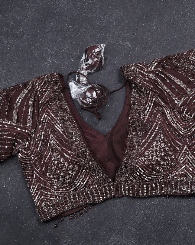 Brown Satin Crepe Designer Saree With Sequins Readymade Blouse