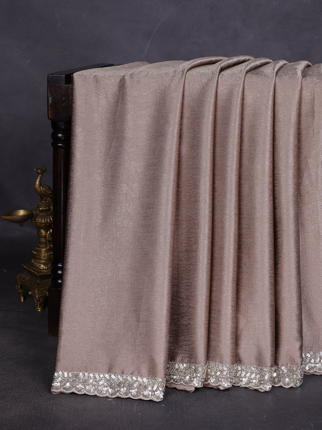 Grey Wrinkle Crepe Designer Saree With Embroidery Readymade Blouse
