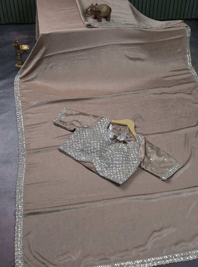 Grey Wrinkle Crepe Designer Saree With Embroidery Readymade Blouse