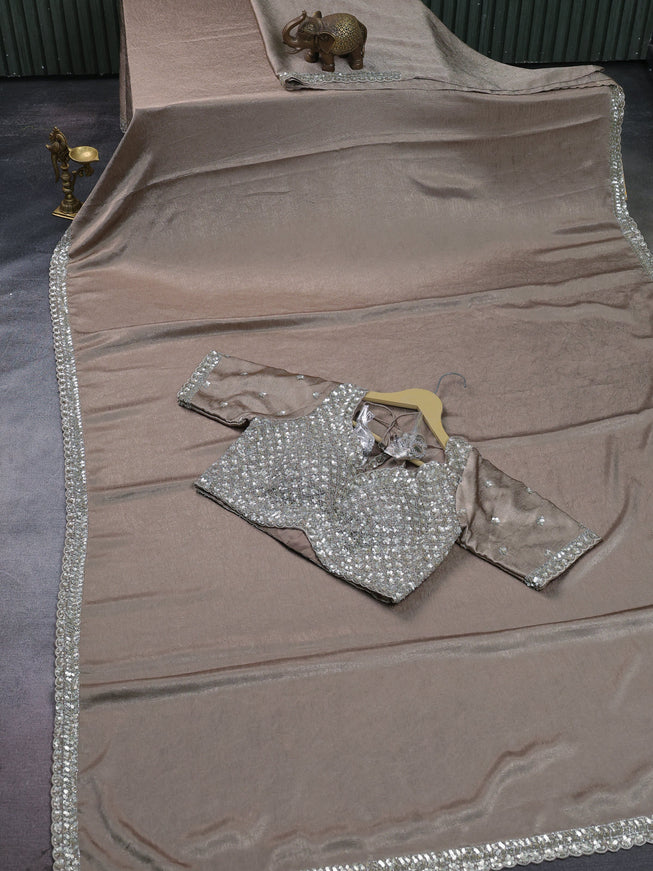 Grey Wrinkle Crepe Designer Saree With Embroidery Readymade Blouse