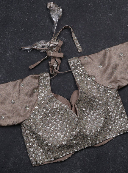 Grey Wrinkle Crepe Designer Saree With Embroidery Readymade Blouse