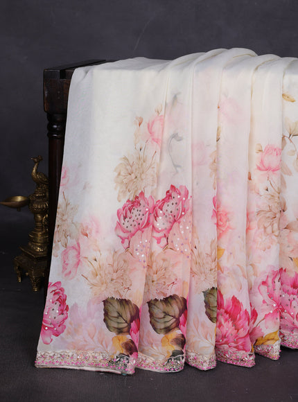 Off White Georgette Designer Saree With Embroidery Readymade Blouse