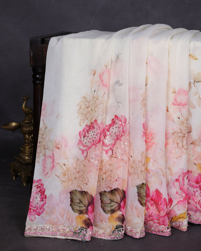Off White Georgette Designer Saree With Embroidery Readymade Blouse