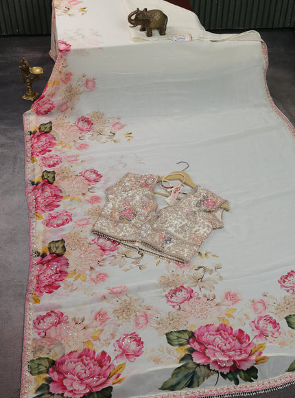 Off White Georgette Designer Saree With Embroidery Readymade Blouse
