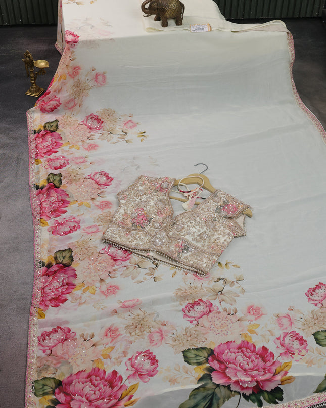 Off White Georgette Designer Saree With Embroidery Readymade Blouse