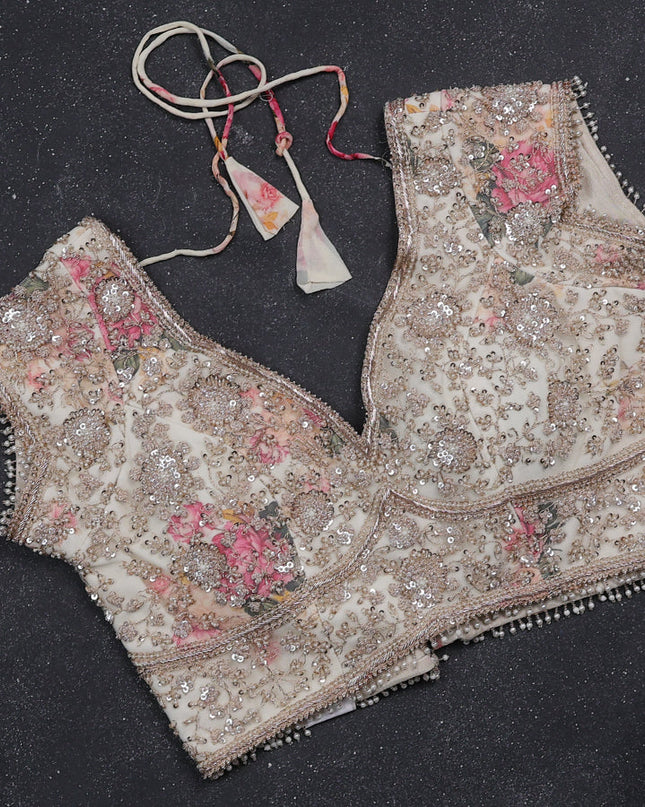 Off White Georgette Designer Saree With Embroidery Readymade Blouse