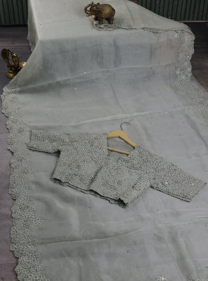 Pista Green Organza Designer Saree With Embroidery Readymade Blouse