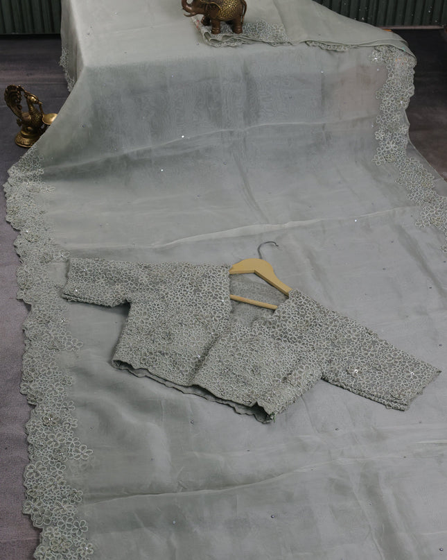 Pista Green Organza Designer Saree With Embroidery Readymade Blouse