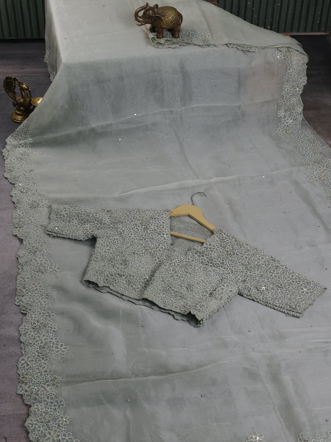 Pista Green Organza Designer Saree With Embroidery Readymade Blouse