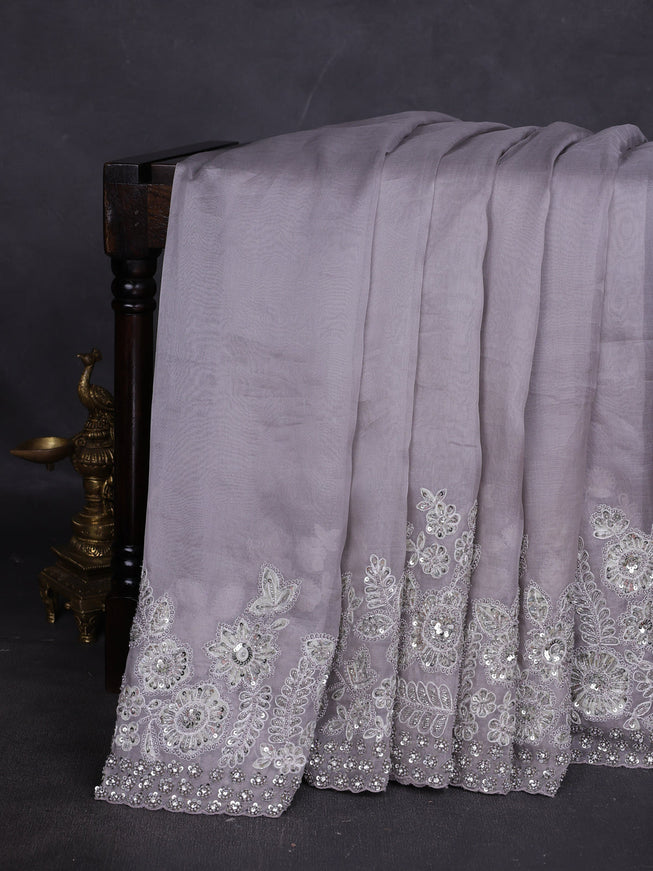 Grey Organza Designer Saree With Embroidery Readymade Blouse
