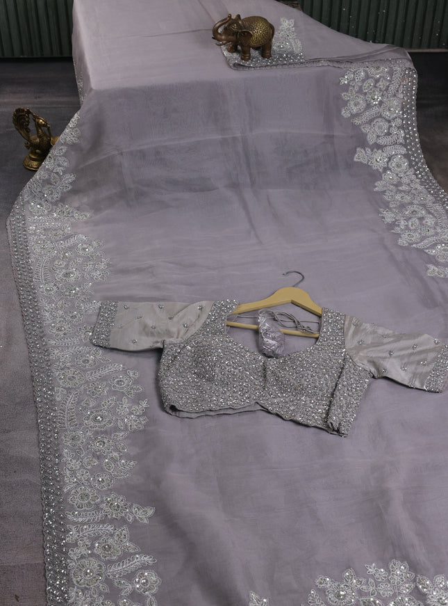 Grey Organza Designer Saree With Embroidery Readymade Blouse