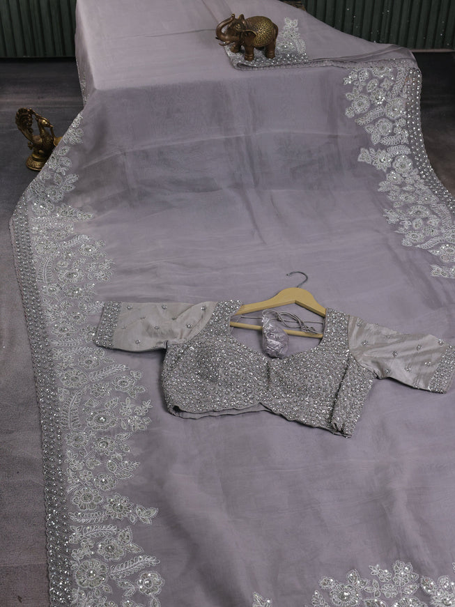 Grey Organza Designer Saree With Embroidery Readymade Blouse