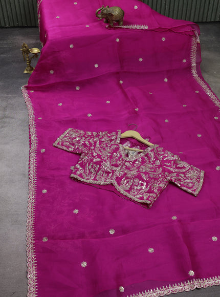 Rani Pink Organza Designer Saree With Embroidery Readymade Blouse