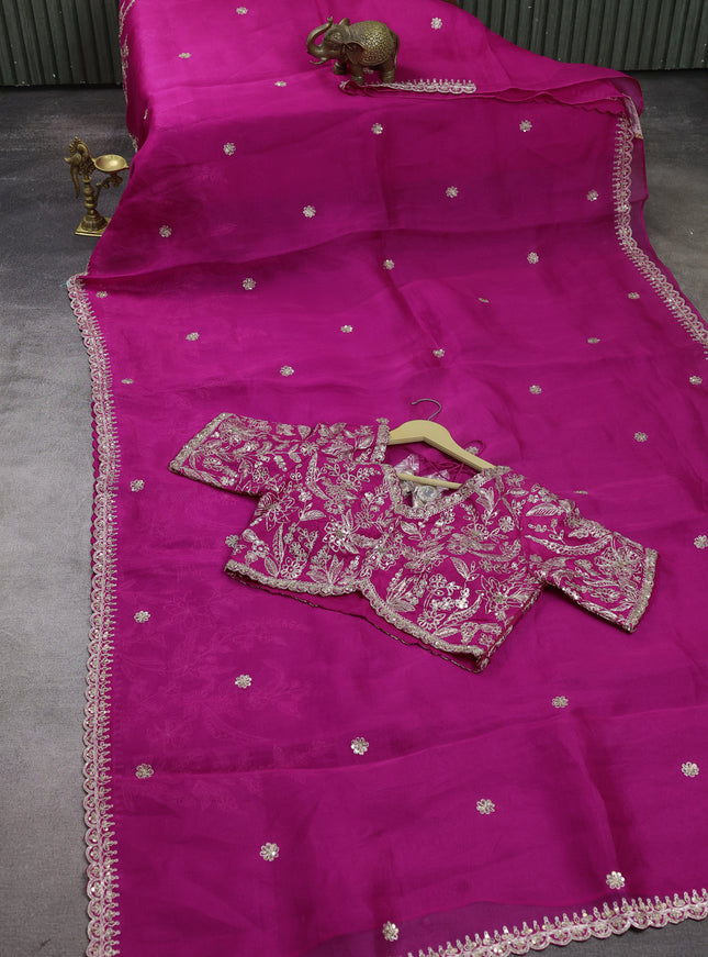 Rani Pink Organza Designer Saree With Embroidery Readymade Blouse