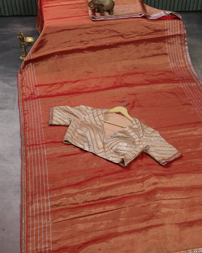 Maroon Tissue Designer Saree With Embroidery Readymade Blouse