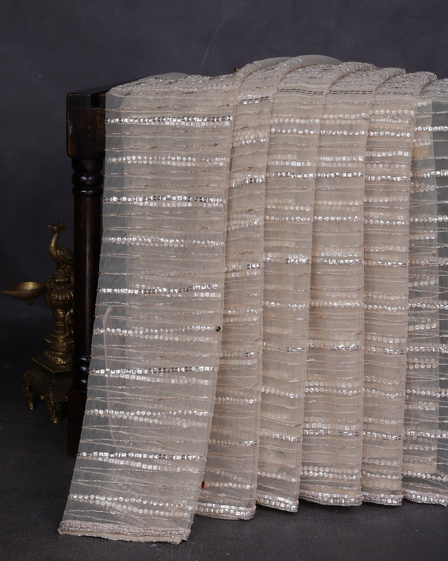 Beige Netted Designer Saree With Embroidery Readymade Blouse