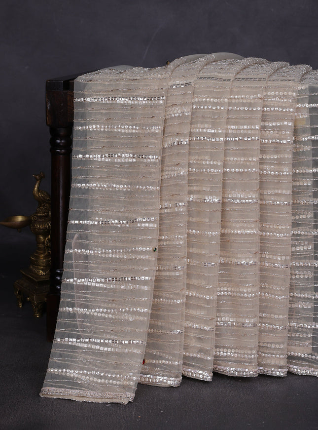 Beige Netted Designer Saree With Embroidery Readymade Blouse