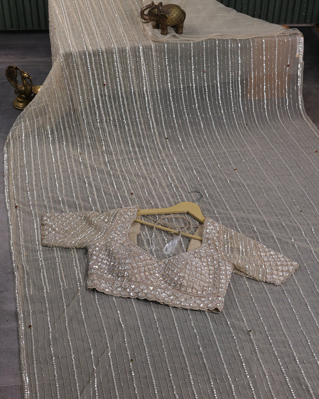 Beige Netted Designer Saree With Embroidery Readymade Blouse