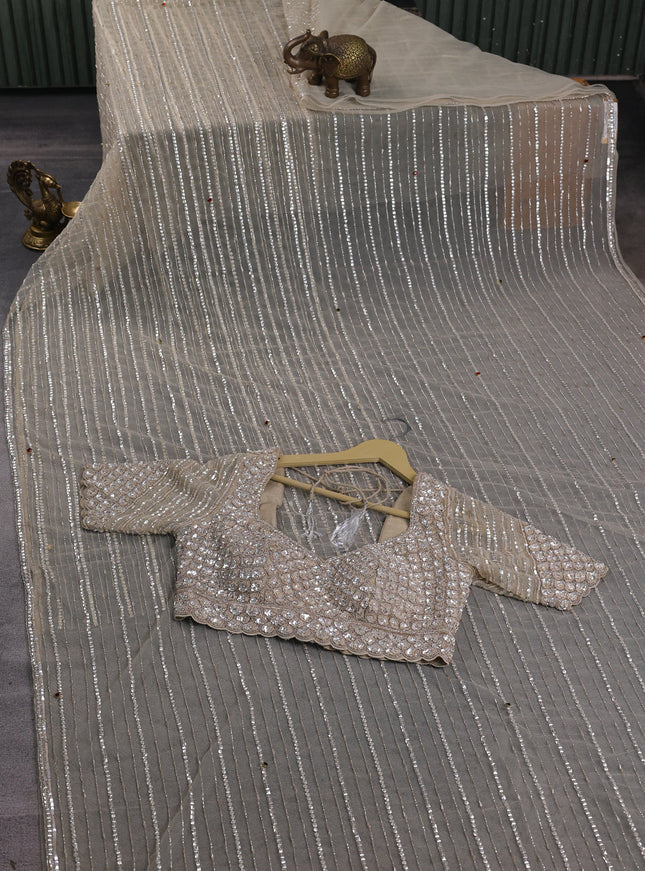 Beige Netted Designer Saree With Embroidery Readymade Blouse