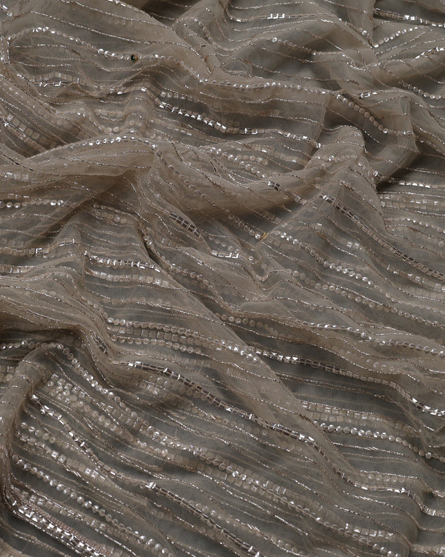 Beige Netted Designer Saree With Embroidery Readymade Blouse