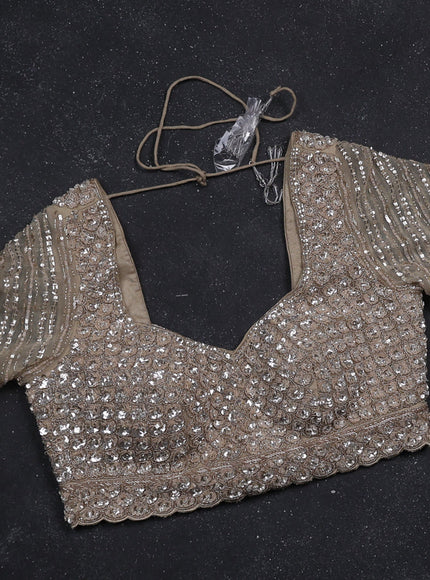 Beige Netted Designer Saree With Embroidery Readymade Blouse